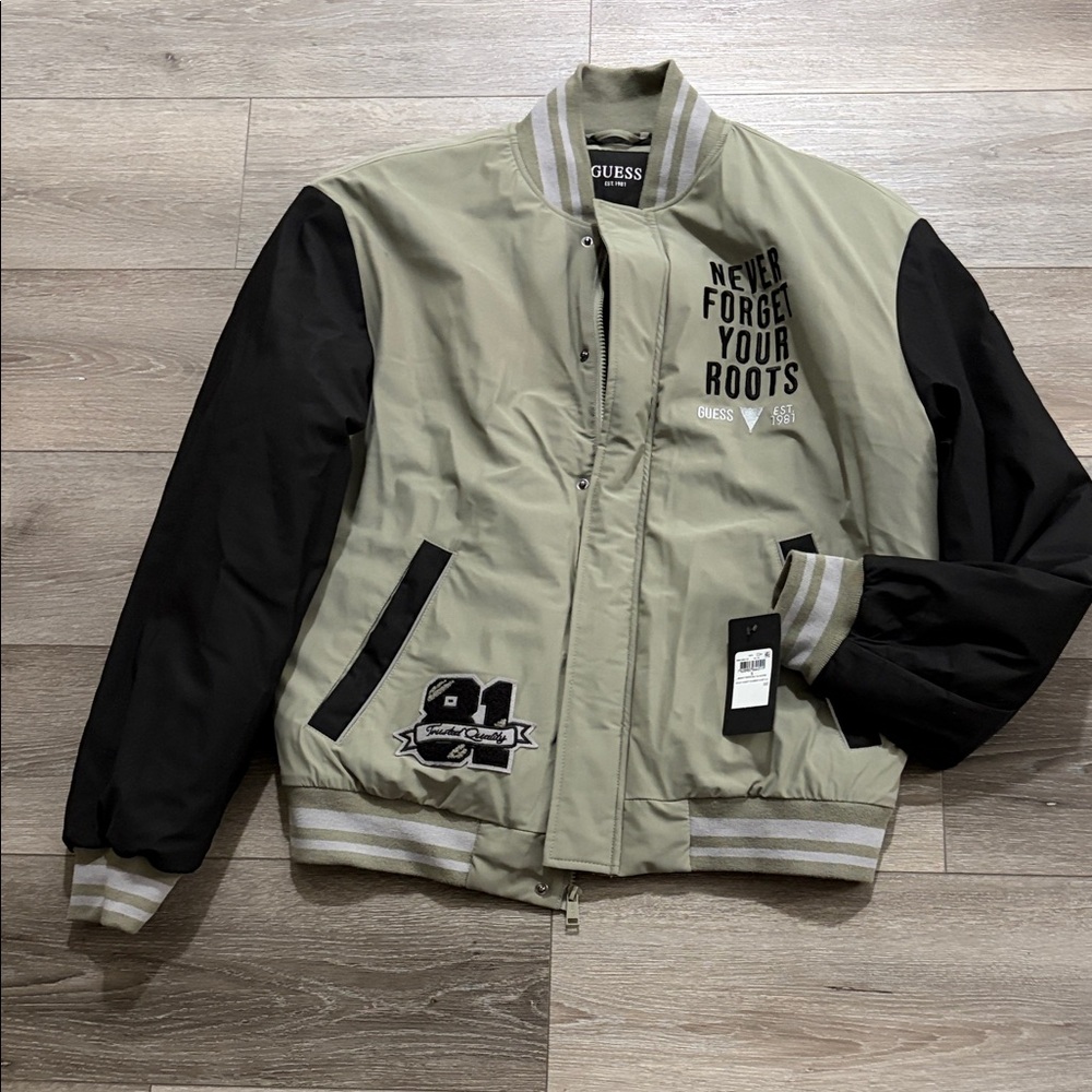 GUESS Men's Olive and Black Varsity Jacket